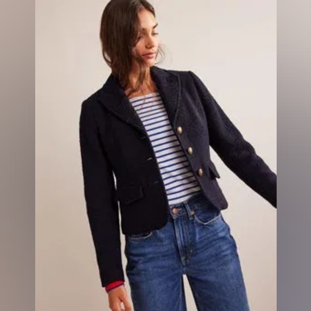 BODEN‎ Ely Textured Jacket U0190 Navy Blue Blazer Wool Boucle Military Women's 2